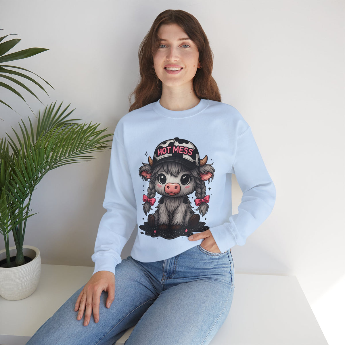 Cute Highland Cow 'Hot Mess' In Braids – Gildan Heavy Blend | Trendy Women’s Soft Sweatshirt. Direct to Garment. Printed & Shipped in the USA. Unisex Sizes.