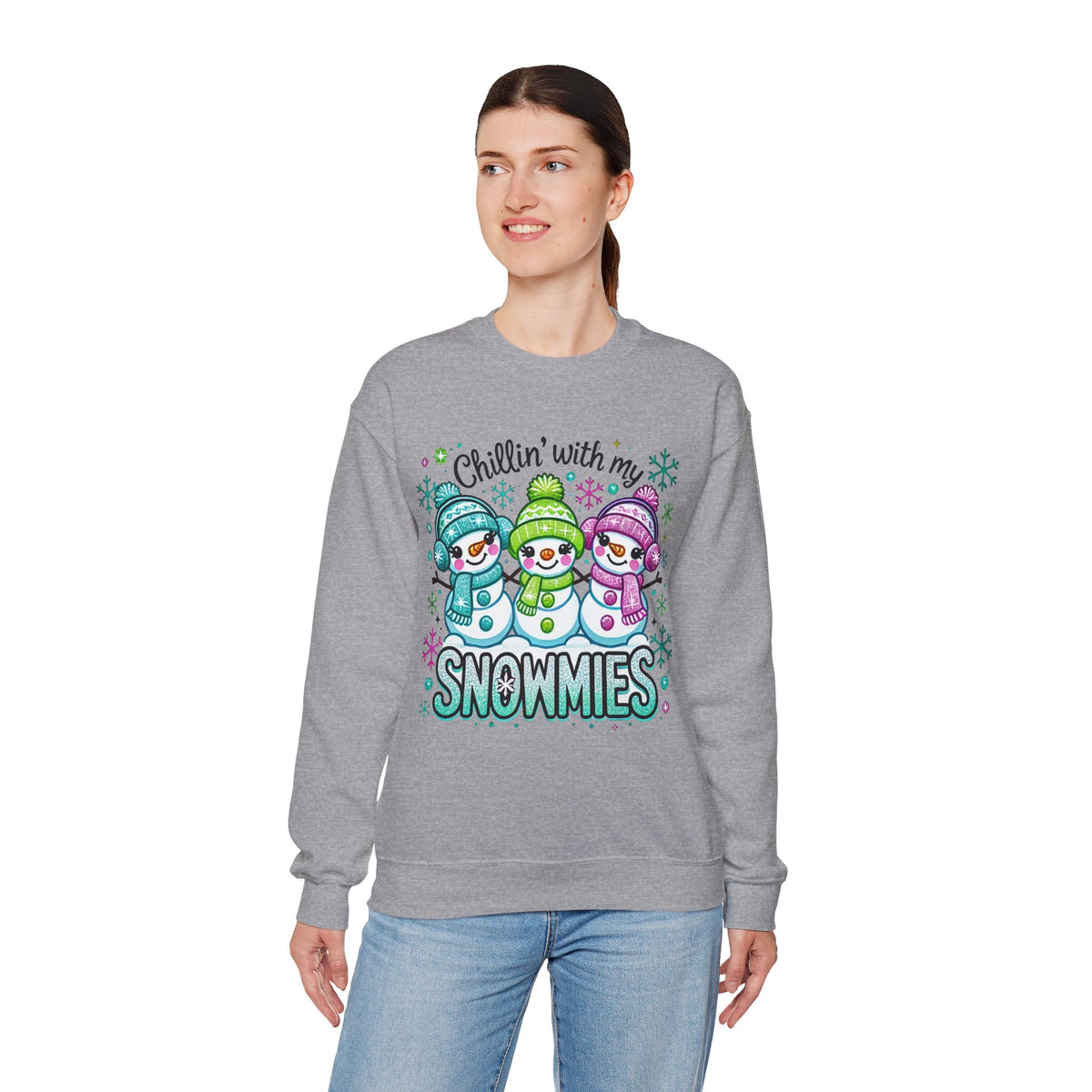 Chillin' With My Snowmies, Winter Snowman – Gildan Heavy Blend | Trendy Women’s Soft Sweatshirt. Direct to Garment. Printed & Shipped in the USA. Unisex Sizes.