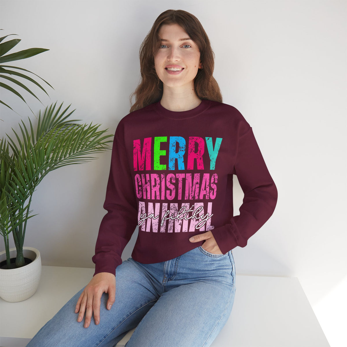 Merry Christmas Ya Filthy Animal – Gildan Heavy Blend | Trendy Women’s Soft Sweatshirt. Direct to Garment. Printed & Shipped in the USA. Unisex Sizes.