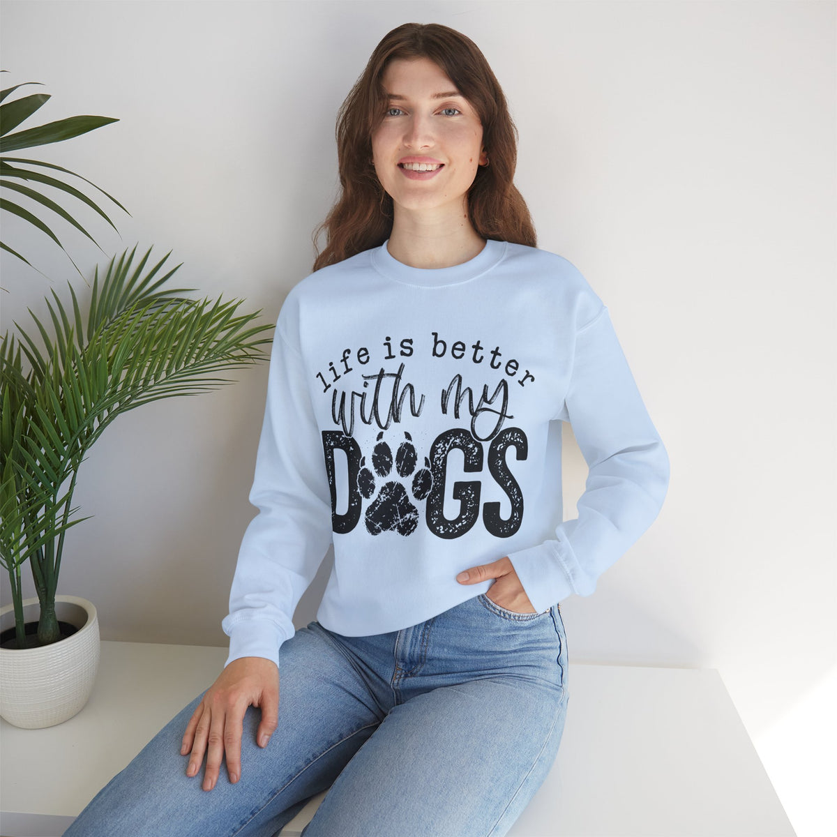 Life Is Better With My Dogs, Distressed – Gildan Heavy Blend | Trendy Women’s and Men's Soft Sweatshirt. Direct to Garment. Printed & Shipped in the USA. Unisex Sizes.