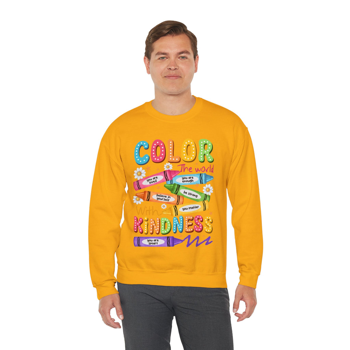 Color the World With Kindness Crayons, Great Teacher Gift – Gildan Heavy Blend | Trendy Women’s and Men's Soft Sweatshirt. Direct to Garment. Printed & Shipped in the USA. Unisex Sizes.