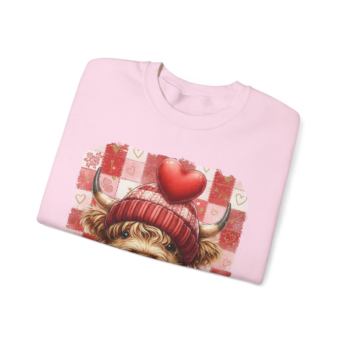 Highland Cow Be Mine, Red Checkered – Gildan Heavy Blend | Trendy Women’s Soft Sweatshirt. Direct to Garment. Printed & Shipped in the USA. Unisex Sizes.