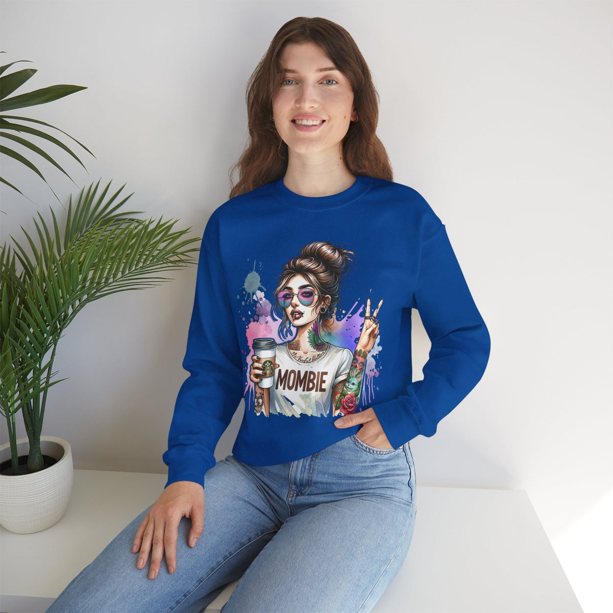 Cool Mombie with Coffee Peace Tattoo - Tired Mom – Gildan Heavy Blend | Trendy Women’s Soft Sweatshirt. Direct to Garment. Printed & Shipped in the USA. Unisex Sizes.