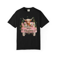 Highland Cow in Pink Truck Merry Christmas Holiday Farmhouse - Comfort Colors | Trendy Women's T-Shirt. Direct to Garment. Printed & Shipped in the USA. Unisex Sizes.
