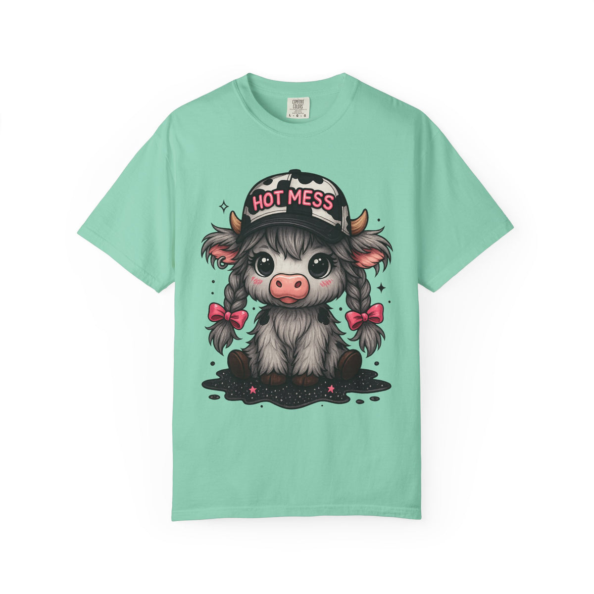 Cute Highland Cow 'Hot Mess' In Braids  - Comfort Colors | Trendy Women's T-Shirt. Direct to Garment. Printed & Shipped in the USA. Unisex Sizes.