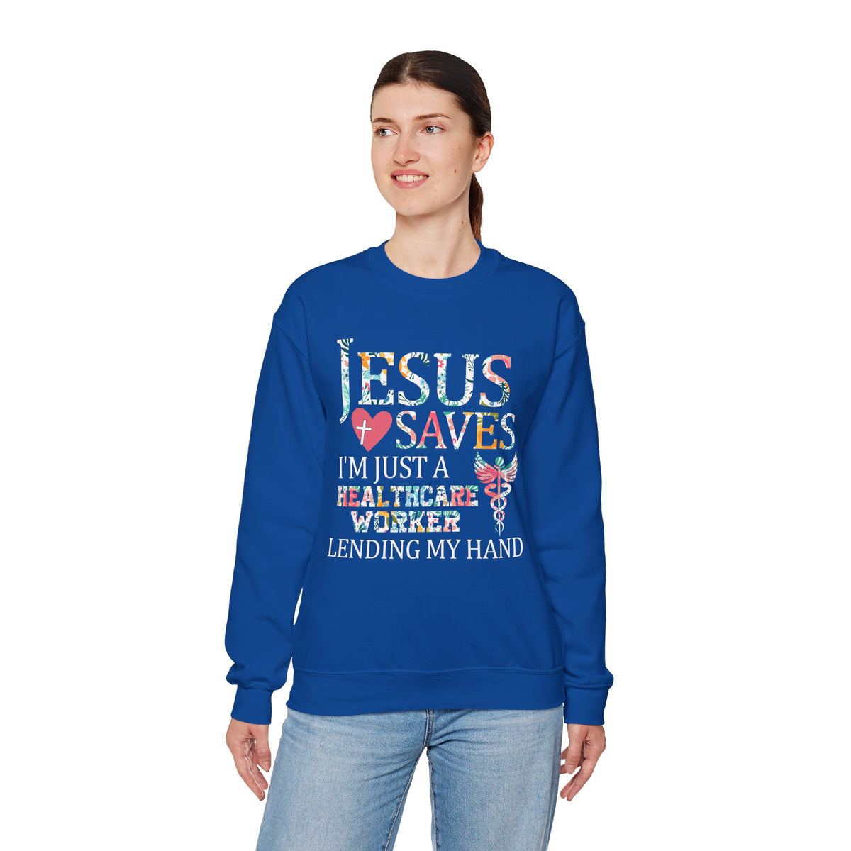 Jesus Saves - Healthcare Worker Lending My Hand – Gildan Heavy Blend | Trendy Women’s Soft Sweatshirt. Direct to Garment. Printed & Shipped in the USA. Unisex Sizes.
