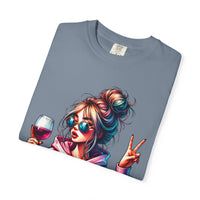 Dramatic Girl With Wine Messy Bun Peace Sign  - Comfort Colors | Trendy Women's T-Shirt. Direct to Garment. Printed & Shipped in the USA. Unisex Sizes.