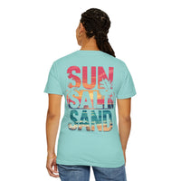 Sun Salt Sand, Beach Sunset - Front & Back Print - Comfort Colors | Trendy Women's and Men's T-Shirt. Direct to Garment. Printed & Shipped in the USA. Unisex Sizes.
