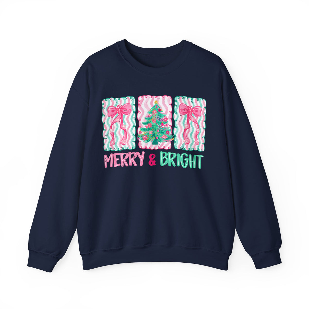 Merry & Bright Christmas - Pink & Green Holiday Tree Design – Gildan Heavy Blend | Trendy Women’s Soft Sweatshirt. Direct to Garment. Printed & Shipped in the USA. Unisex Sizes.