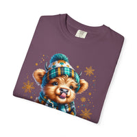 Winter Baby Highland Cow with Cocoa  - Comfort Colors | Trendy Women's T-Shirt. Direct to Garment. Printed & Shipped in the USA. Unisex Sizes.