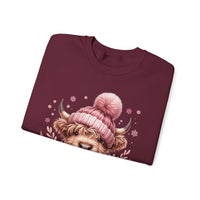 Cozy Highland Cow, Winter Coffee Mug & Scarf Pink – Gildan Heavy Blend | Trendy Women’s Soft Sweatshirt. Direct to Garment. Printed & Shipped in the USA. Unisex Sizes.