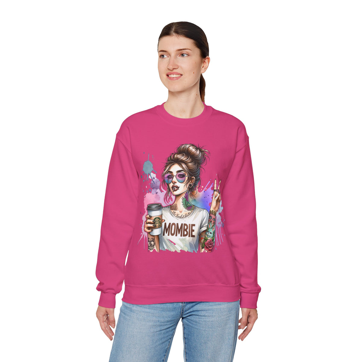 Cool Mombie with Coffee Peace Tattoo - Tired Mom – Gildan Heavy Blend | Trendy Women’s Soft Sweatshirt. Direct to Garment. Printed & Shipped in the USA. Unisex Sizes.