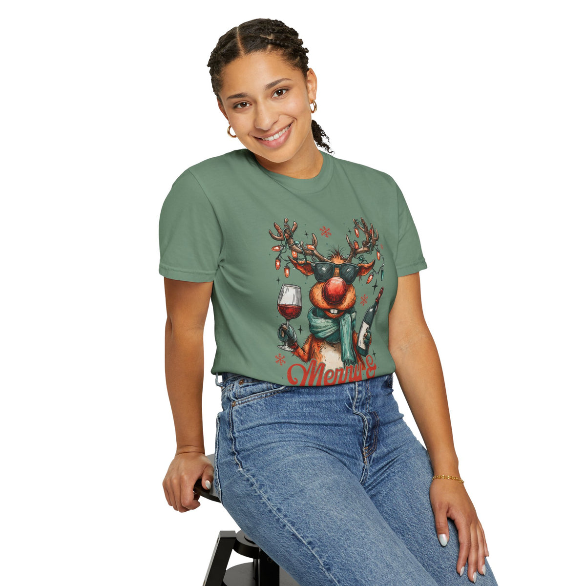 Merry & Mischievous Reindeer - Comfort Colors | Trendy Women's and Men's T-Shirt. Direct to Garment. Printed & Shipped in the USA. Unisex Sizes.