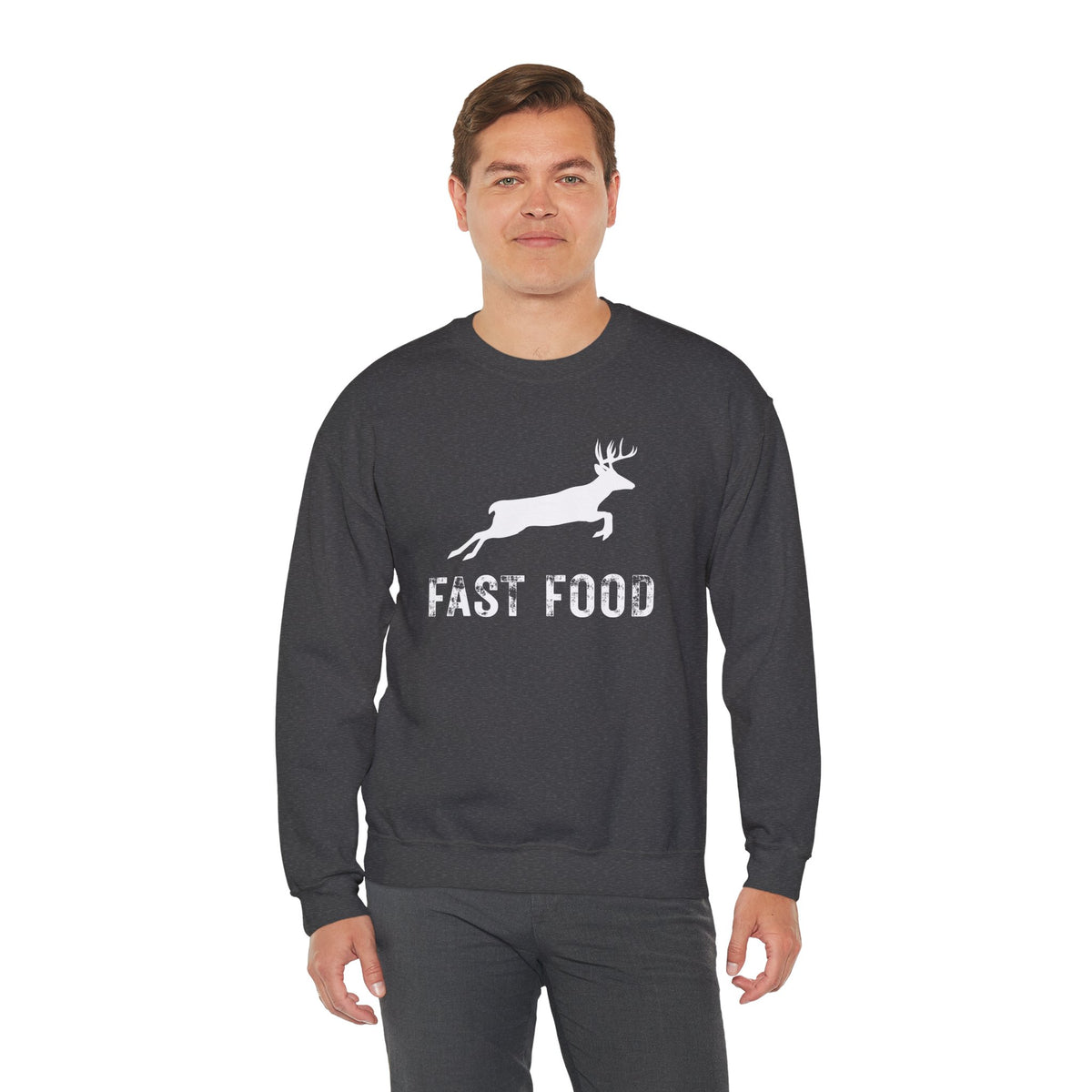Fast Food Deer Hunting Humor Distressed – Gildan Heavy Blend | Trendy Men's and Women’s Soft Sweatshirt. Direct to Garment. Printed & Shipped in the USA. Unisex Sizes.