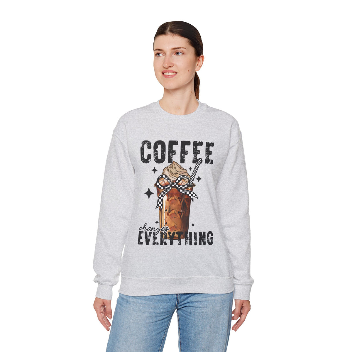 Coffee Changes Everything, Iced Coffee, Coffee Lovers – Gildan Heavy Blend | Trendy Women’s Soft Sweatshirt. Direct to Garment. Printed & Shipped in the USA. Unisex Sizes.