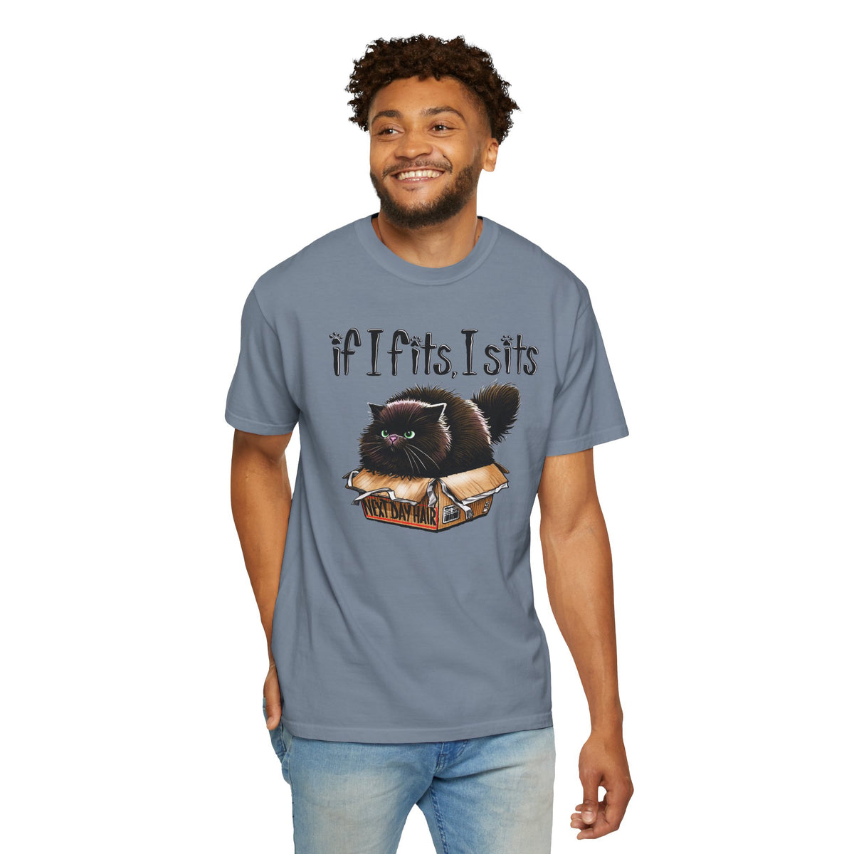 If I Fits I Sits, Cat in a Box - Comfort Colors | Trendy Women's and Men's T-Shirt. Direct to Garment. Printed & Shipped in the USA. Unisex Sizes.