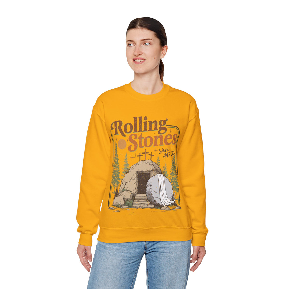 Rolling Stones "Since AD33" Easter Empty Tomb Christian – Gildan Heavy Blend | Trendy Men's and Women’s Soft Sweatshirt. Direct to Garment. Printed & Shipped in the USA. Unisex Sizes.