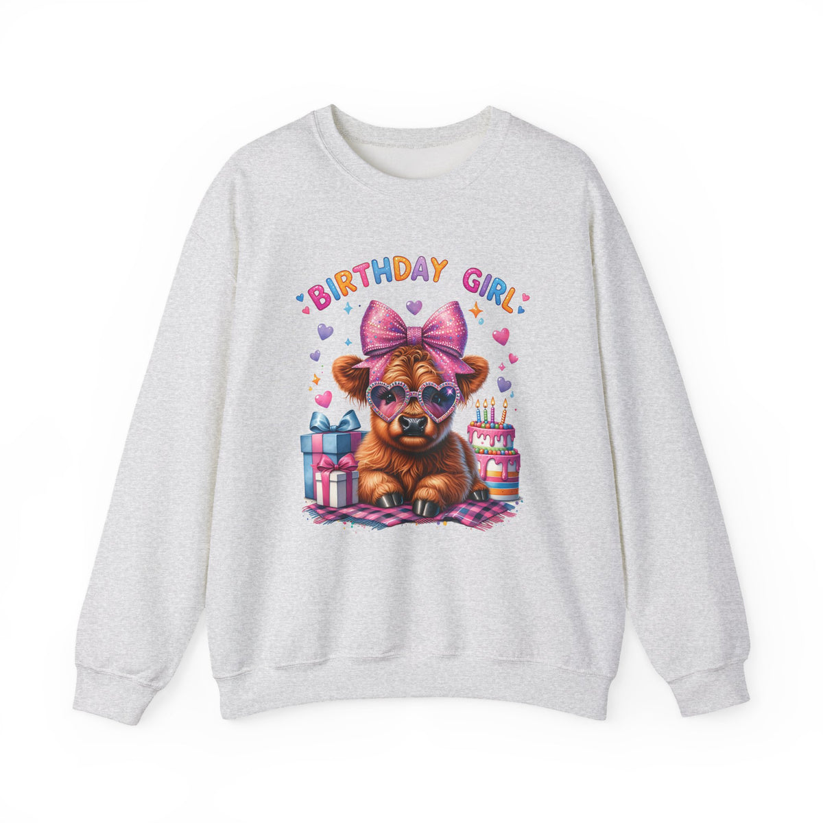 Birthday Girl, Highland Cow – Gildan Heavy Blend | Trendy Women’s Soft Sweatshirt. Direct to Garment. Printed & Shipped in the USA. Unisex Sizes.