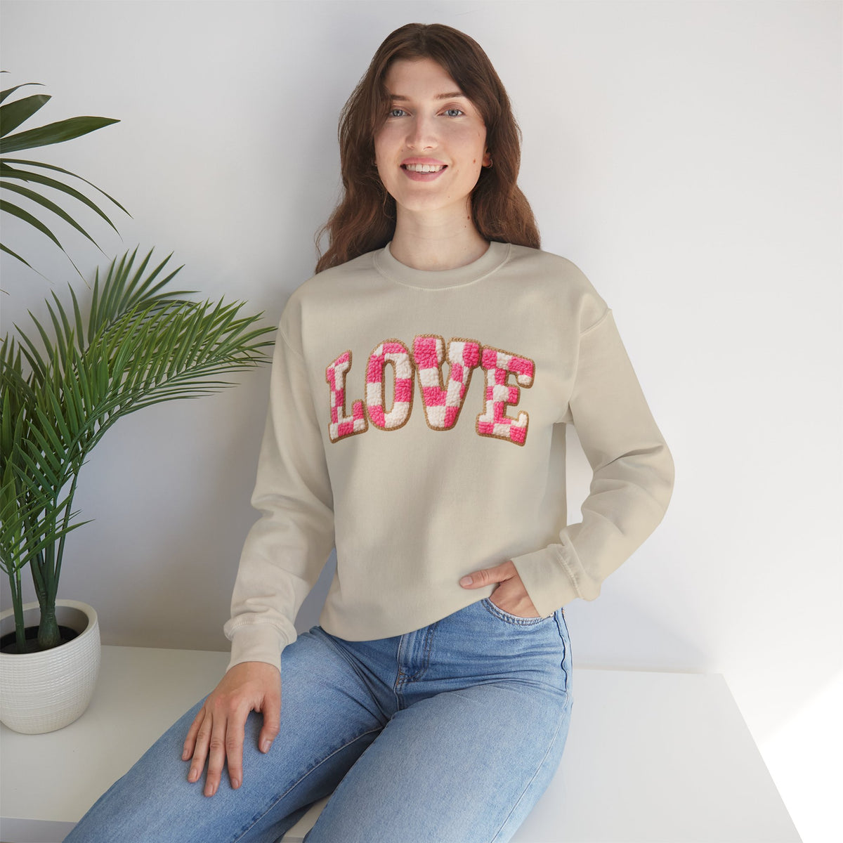Faux Crochet Checkered LOVE – Gildan Heavy Blend | Trendy Women’s Soft Sweatshirt. Direct to Garment. Printed & Shipped in the USA. Unisex Sizes.