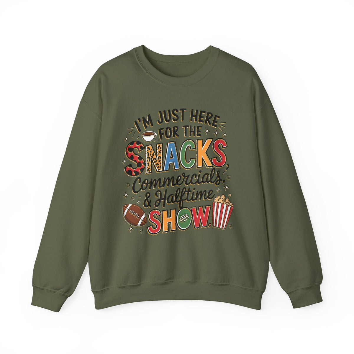 I’m Just Here for the Snacks, Commercials & Halftime Show – Gildan Heavy Blend | Trendy Women’s Soft Sweatshirt. Direct to Garment. Printed & Shipped in the USA. Unisex Sizes.