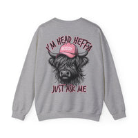 Head Heffa Highland Cow, Front & Back Print – Gildan Heavy Blend | Trendy Women’s Soft Sweatshirt. Direct to Garment. Printed & Shipped in the USA. Unisex Sizes.