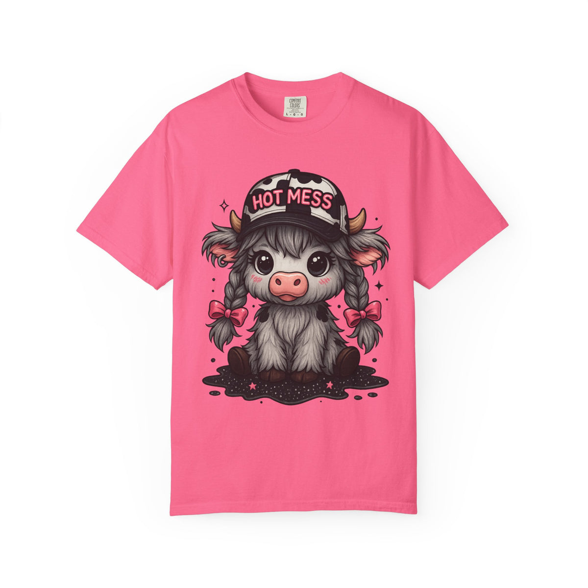 Cute Highland Cow 'Hot Mess' In Braids  - Comfort Colors | Trendy Women's T-Shirt. Direct to Garment. Printed & Shipped in the USA. Unisex Sizes.