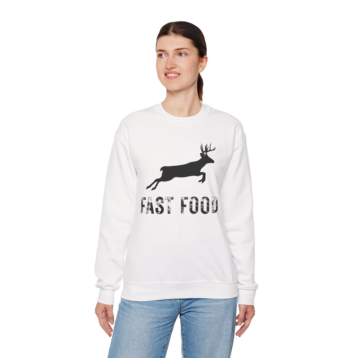 Fast Food Deer Hunting Humor Distressed – Gildan Heavy Blend | Trendy Men's and Women’s Soft Sweatshirt. Direct to Garment. Printed & Shipped in the USA. Unisex Sizes.