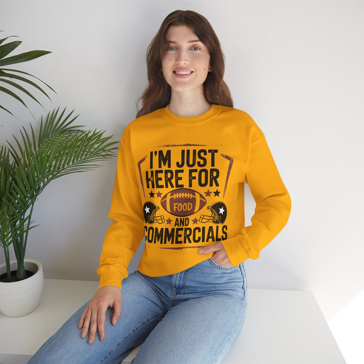 I'm Just Here for Food and Commercials – Gildan Heavy Blend | Trendy Women’s and Men's Soft Sweatshirt. Direct to Garment. Printed & Shipped in the USA. Unisex Sizes.