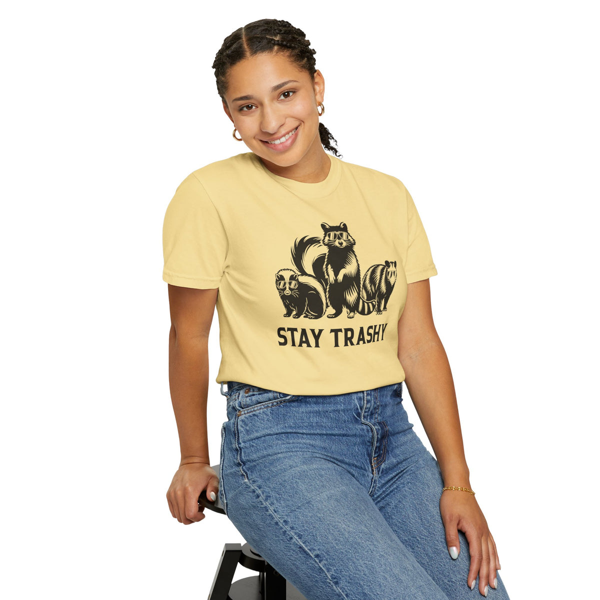 Stay Trashy, Skunk Raccoon Possum - Comfort Colors | Trendy Women's and Men's T-Shirt. Direct to Garment. Printed & Shipped in the USA. Unisex Sizes.