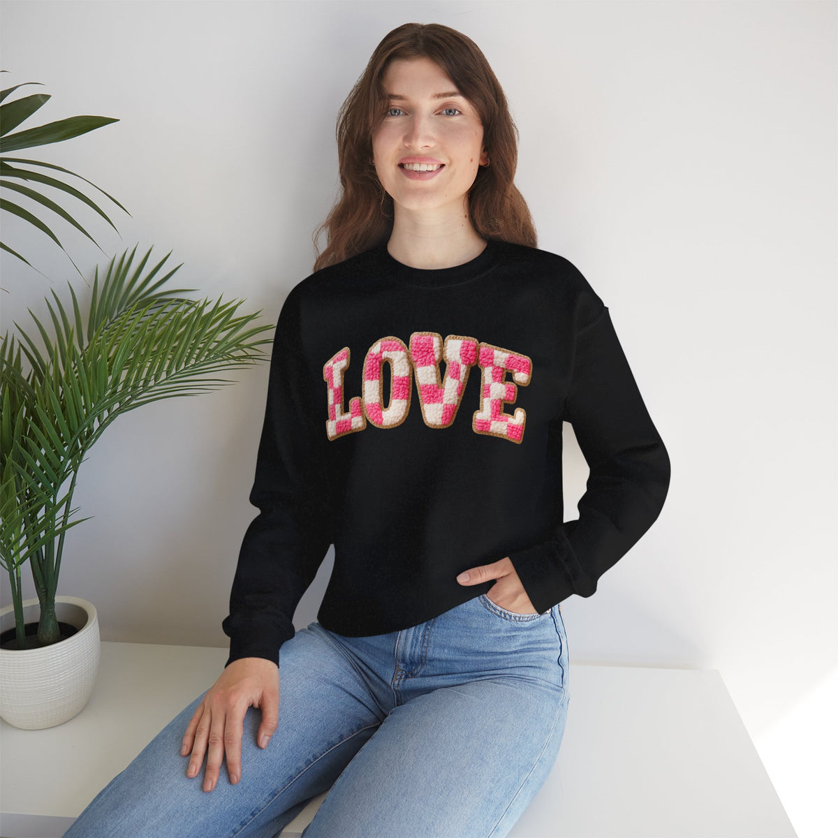Faux Crochet Checkered LOVE – Gildan Heavy Blend | Trendy Women’s Soft Sweatshirt. Direct to Garment. Printed & Shipped in the USA. Unisex Sizes.