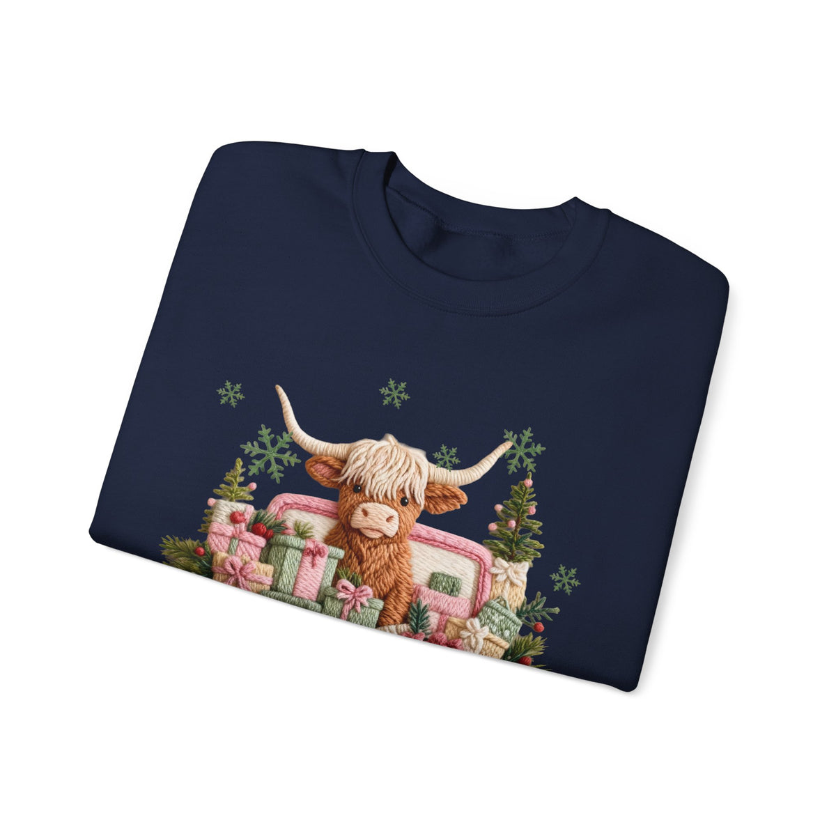 Highland Cow in Pink Truck Merry Christmas Holiday Farmhouse – Gildan Heavy Blend | Trendy Women’s Soft Sweatshirt. Direct to Garment. Printed & Shipped in the USA. Unisex Sizes.