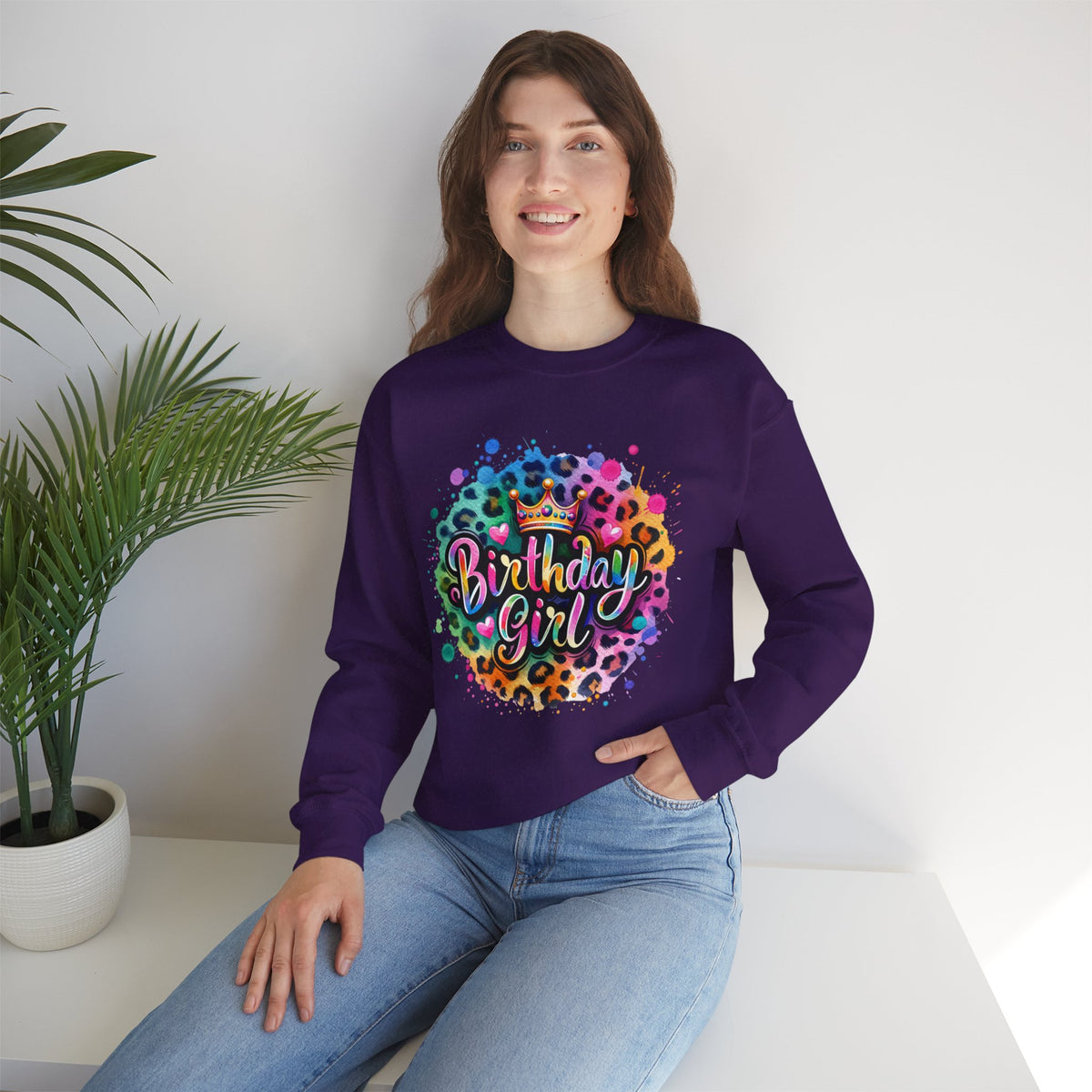 Birthday Girl, Neon Leopard – Gildan Heavy Blend | Trendy Women’s Soft Sweatshirt. Direct to Garment. Printed & Shipped in the USA. Unisex Sizes.