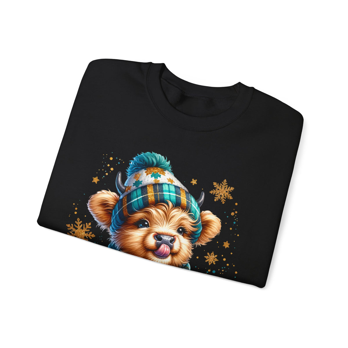 Winter Baby Highland Cow with Cocoa – Gildan Heavy Blend | Trendy Women’s Soft Sweatshirt. Direct to Garment. Printed & Shipped in the USA. Unisex Sizes.