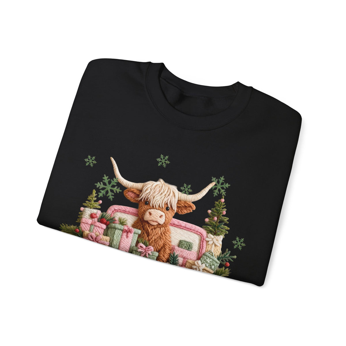 Highland Cow in Pink Truck Merry Christmas Holiday Farmhouse – Gildan Heavy Blend | Trendy Women’s Soft Sweatshirt. Direct to Garment. Printed & Shipped in the USA. Unisex Sizes.