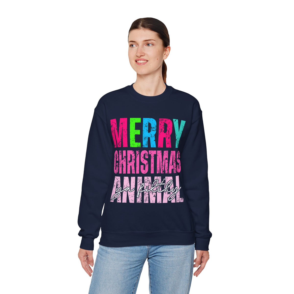 Merry Christmas Ya Filthy Animal – Gildan Heavy Blend | Trendy Women’s Soft Sweatshirt. Direct to Garment. Printed & Shipped in the USA. Unisex Sizes.