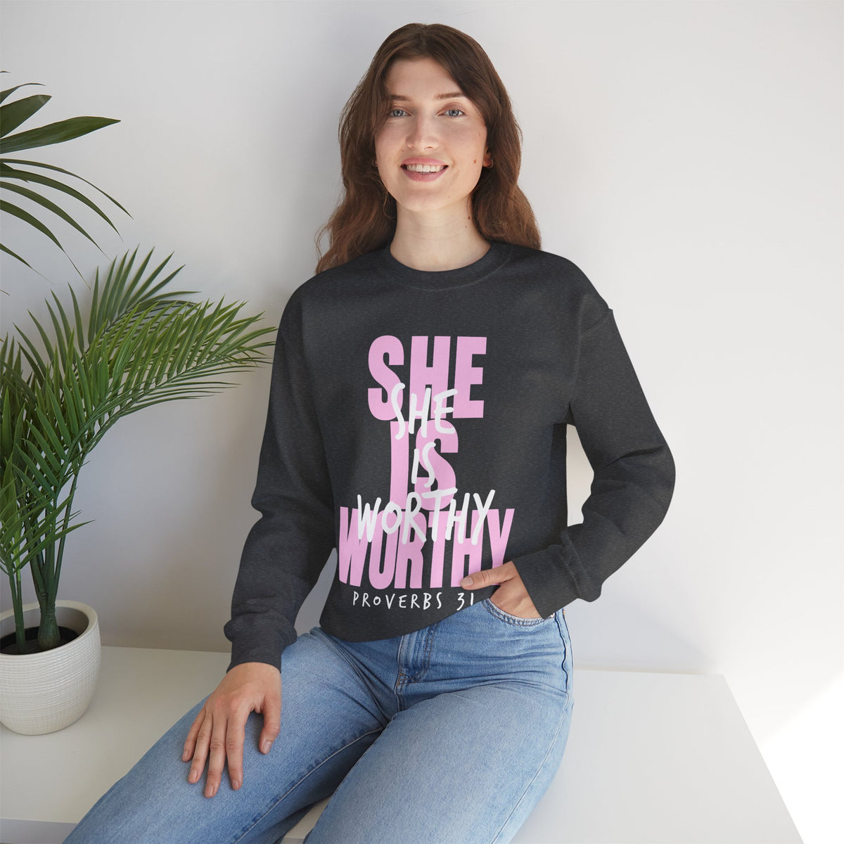 She Is Worthy – Gildan Heavy Blend | Trendy Women’s Soft Sweatshirt. Direct to Garment. Printed & Shipped in the USA. Unisex Sizes.