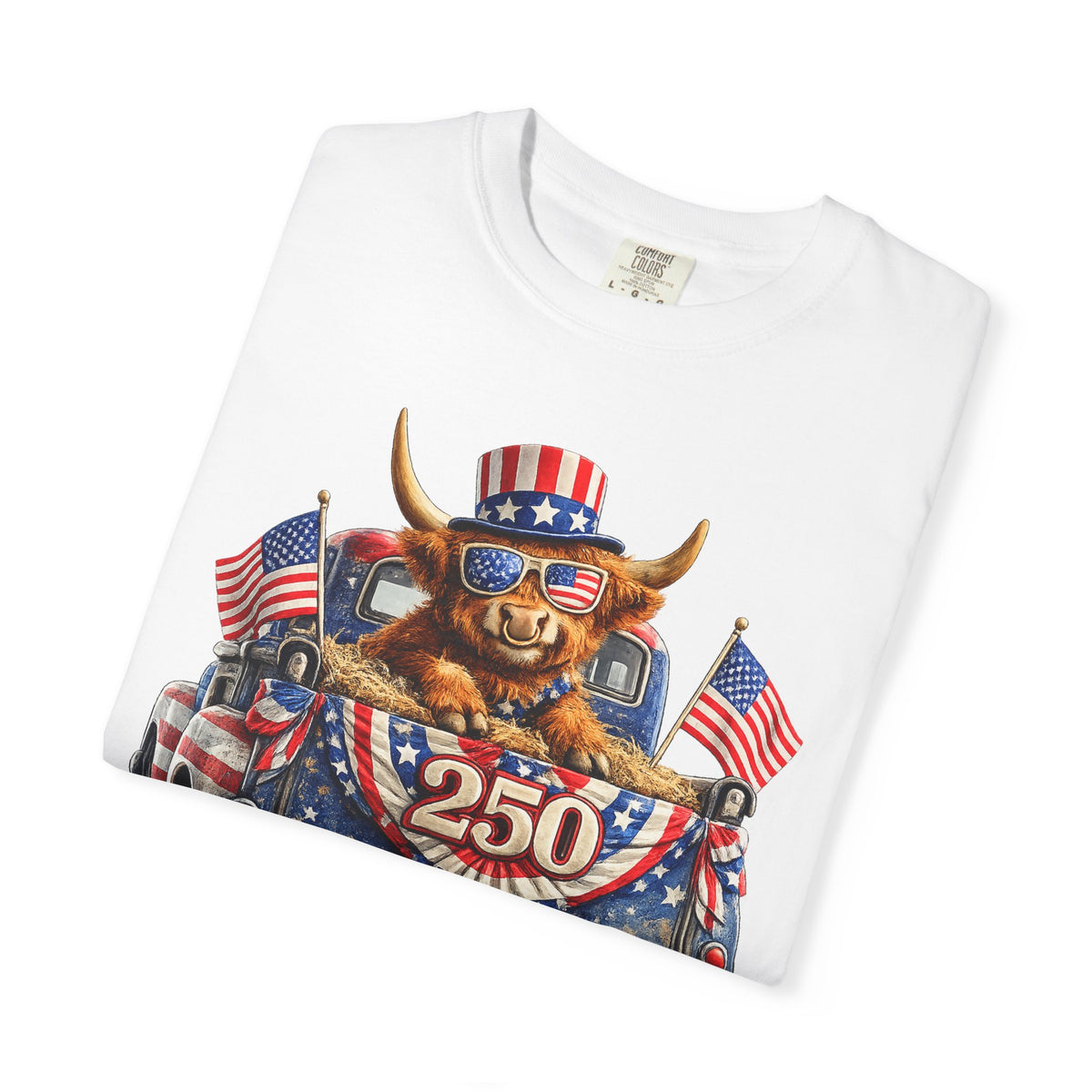 Patriotic Highland, America's 250th Birthday - Comfort Colors | Trendy Women's and Men's T-Shirt. Direct to Garment. Printed & Shipped in the USA. Unisex Sizes.