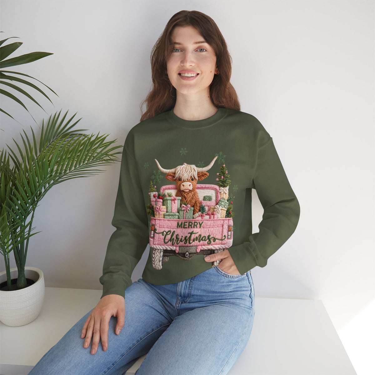 Highland Cow in Pink Truck Merry Christmas Holiday Farmhouse – Gildan Heavy Blend | Trendy Women’s Soft Sweatshirt. Direct to Garment. Printed & Shipped in the USA. Unisex Sizes.