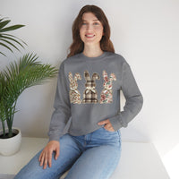 Easter Bunny Trio, Leopard, Plaid & Floral - Faux Pearl Outline – Gildan Heavy Blend | Trendy Women’s Soft Sweatshirt. Direct to Garment. Printed & Shipped in the USA. Unisex Sizes.