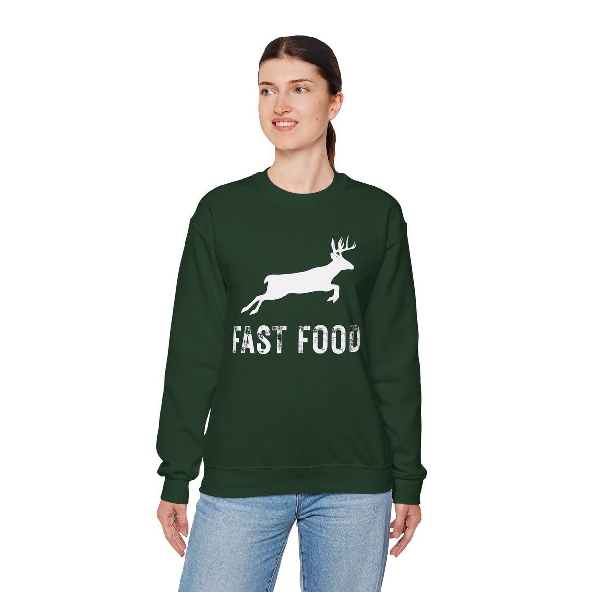 Fast Food Deer Hunting Humor Distressed – Gildan Heavy Blend | Trendy Men's and Women’s Soft Sweatshirt. Direct to Garment. Printed & Shipped in the USA. Unisex Sizes.