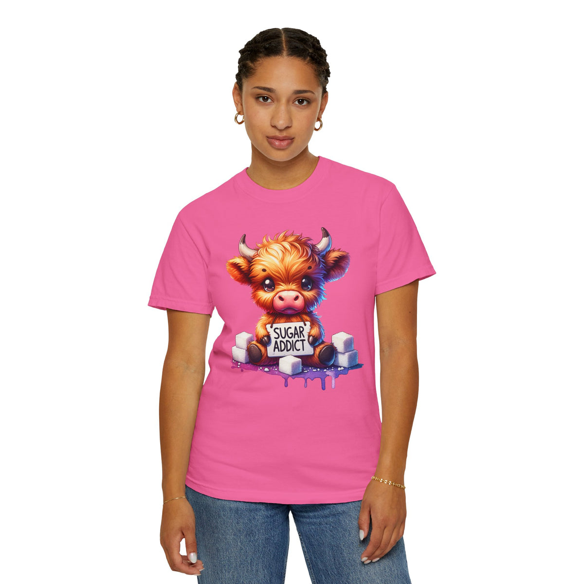 Sugar Addict Highland Cow - Comfort Colors | Trendy Women's T-Shirt. Direct to Garment. Printed & Shipped in the USA. Unisex Sizes.