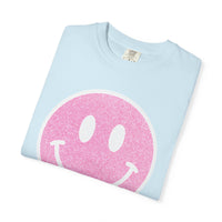 Faux Glitter Smiley - Comfort Colors | Trendy Women's T-Shirt. Direct to Garment. Printed & Shipped in the USA. Unisex Sizes.