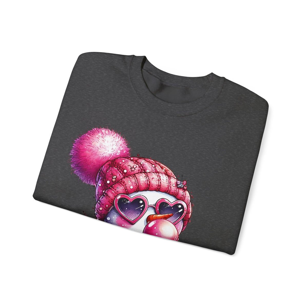 Pink Girly Snowman with Heart Sunglasses and Bubblegum - Winter – Gildan Heavy Blend | Trendy Women’s Soft Sweatshirt. Direct to Garment. Printed & Shipped in the USA. Unisex Sizes.