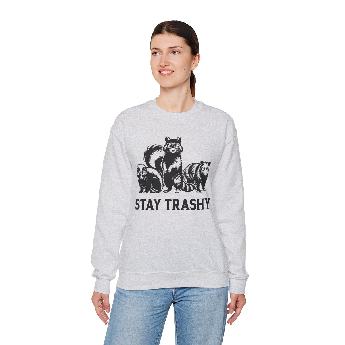 Stay Trashy, Skunk Raccoon Possum – Gildan Heavy Blend | Trendy Women’s and Men's Soft Sweatshirt. Direct to Garment. Printed & Shipped in the USA. Unisex Sizes.