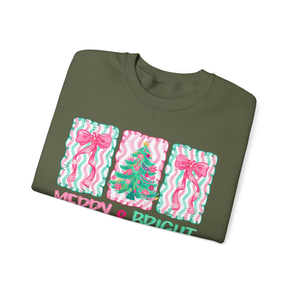 Merry & Bright Christmas - Pink & Green Holiday Tree Design – Gildan Heavy Blend | Trendy Women’s Soft Sweatshirt. Direct to Garment. Printed & Shipped in the USA. Unisex Sizes.