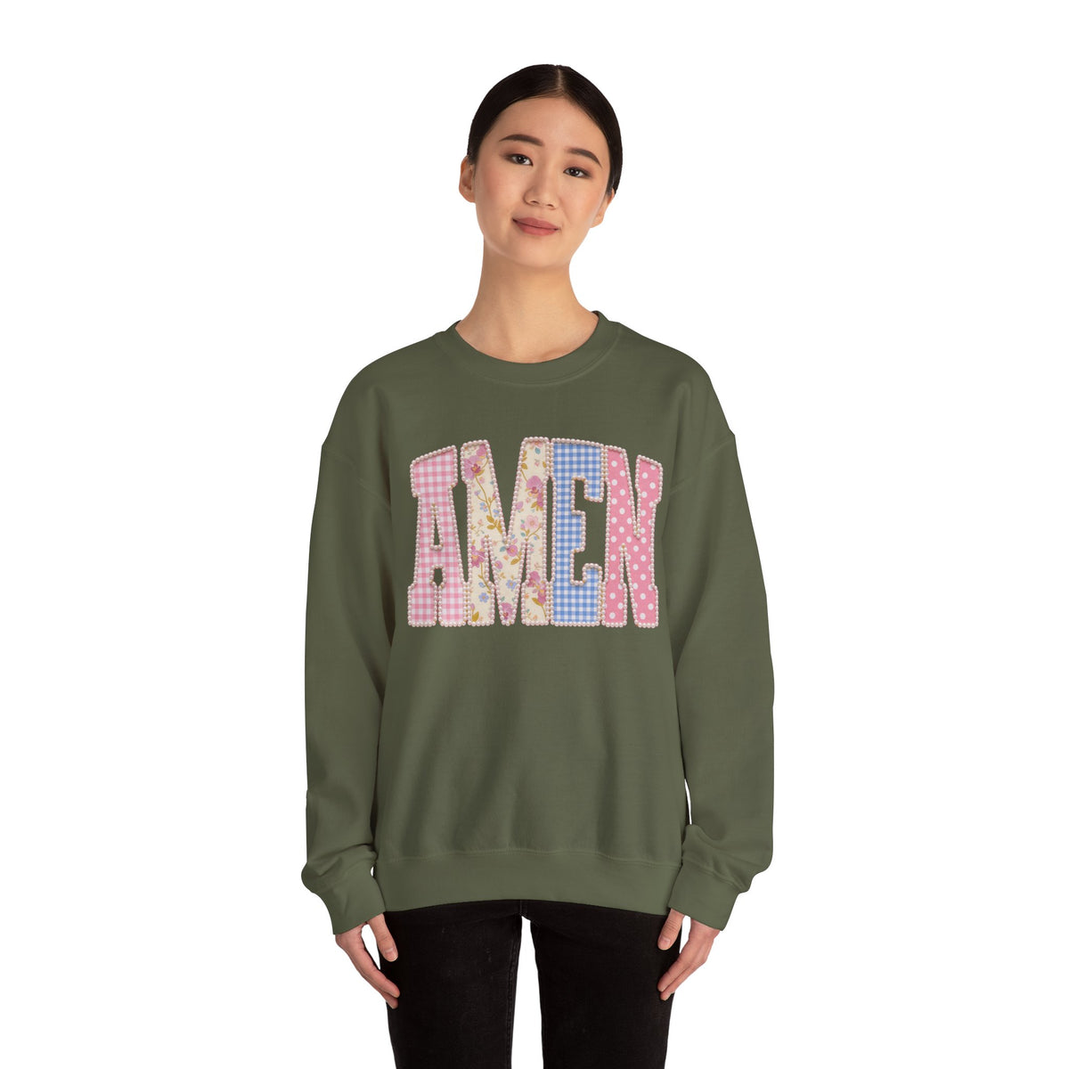 Pastel faux Patchwork AMEN with faux Pearls – Gildan Heavy Blend | Trendy Women’s Soft Sweatshirt. Direct to Garment. Printed & Shipped in the USA. Unisex Sizes.