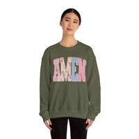 Pastel faux Patchwork AMEN with faux Pearls – Gildan Heavy Blend | Trendy Women’s Soft Sweatshirt. Direct to Garment. Printed & Shipped in the USA. Unisex Sizes.