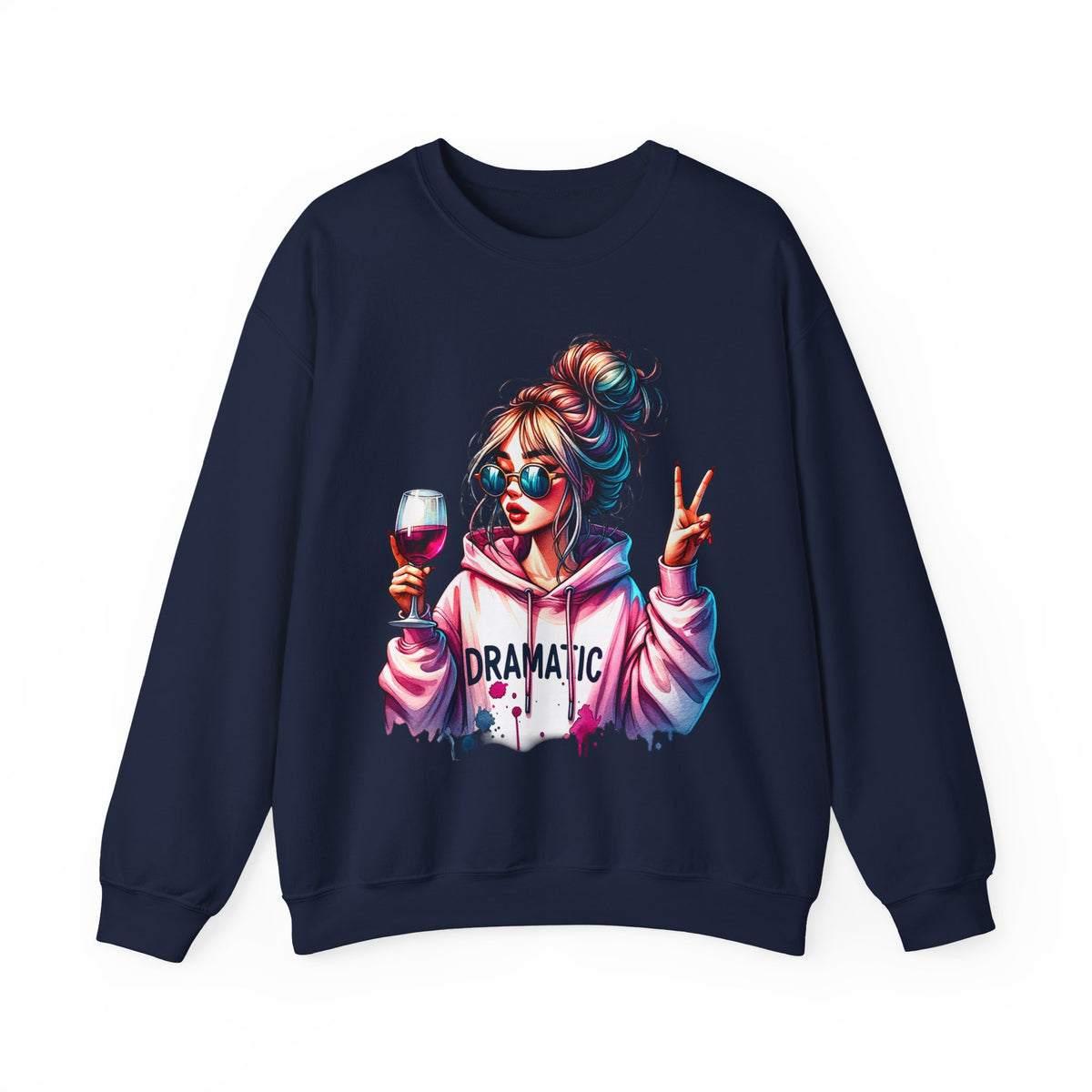 Dramatic Girl With Wine Messy Bun Peace Sign – Gildan Heavy Blend | Trendy Women’s Soft Sweatshirt. Direct to Garment. Printed & Shipped in the USA. Unisex Sizes.