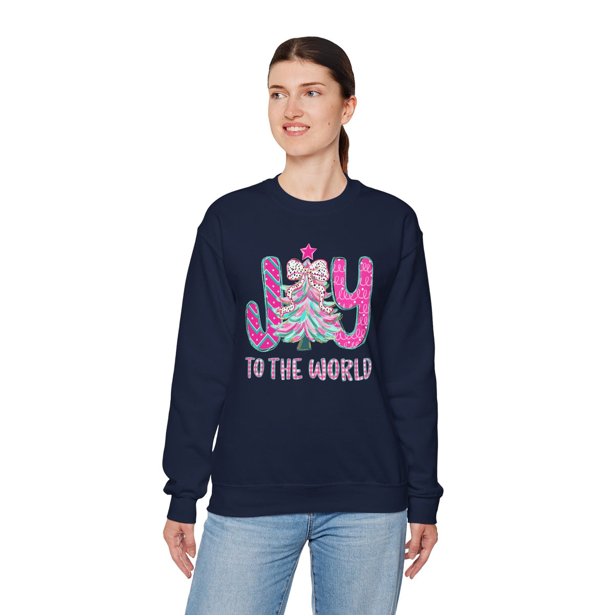 Joy to the World w/Christmas Tree Pink and Teal – Gildan Heavy Blend | Trendy Women’s Soft Sweatshirt. Direct to Garment. Printed & Shipped in the USA. Unisex Sizes.