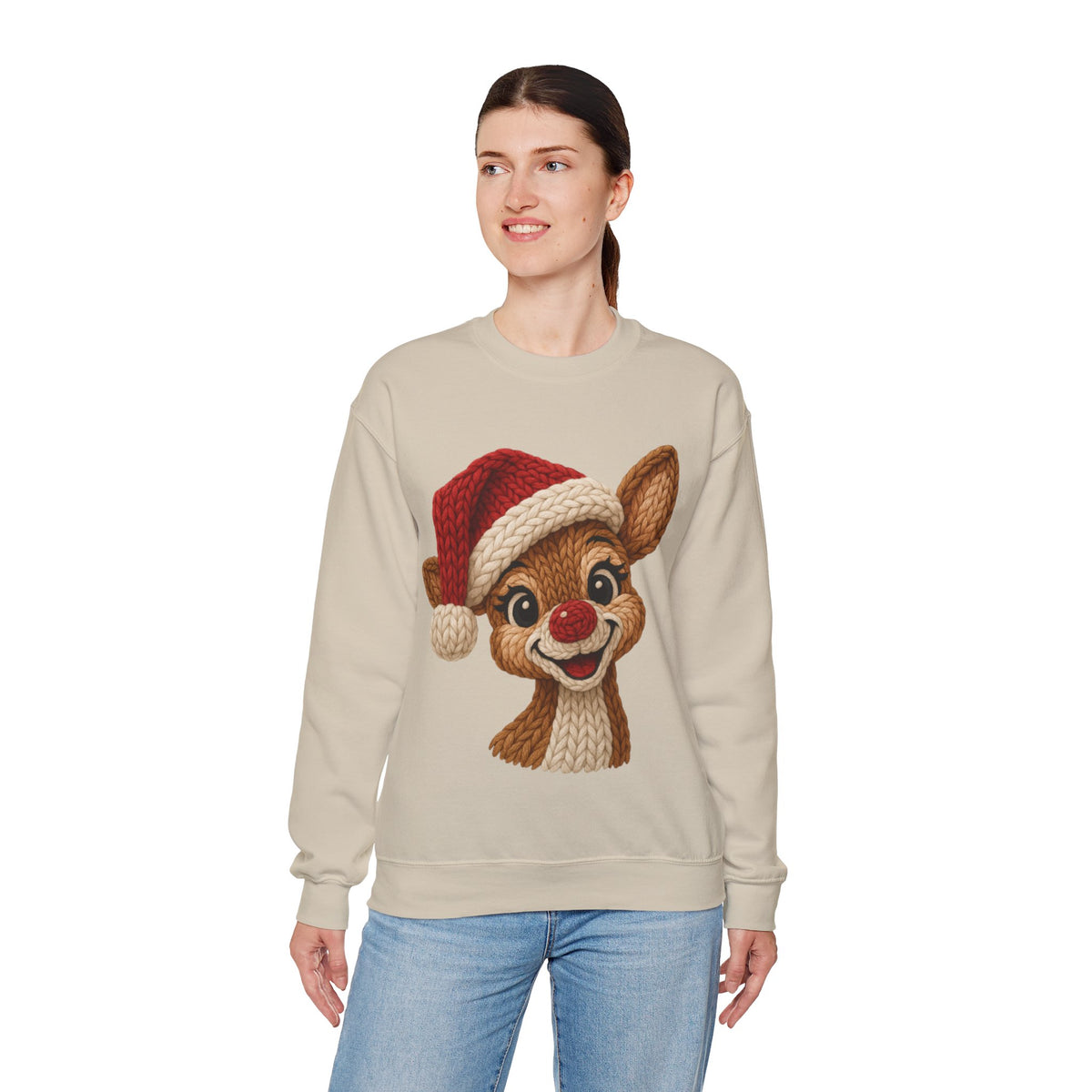Cute Rudolph Faux Knit Look Reindeer w/Santa Hat – Gildan Heavy Blend | Trendy Women’s Soft Sweatshirt. Direct to Garment. Printed & Shipped in the USA. Unisex Sizes.